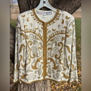 51. Vintage Laurence Kazar Gold and Silver Beaded Evening Jacket
